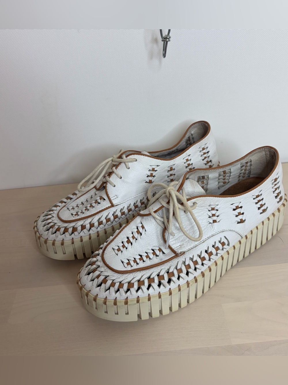 White Woven Platform Lace-Up Sneaker with Tan Trim - Picture 9 of 12